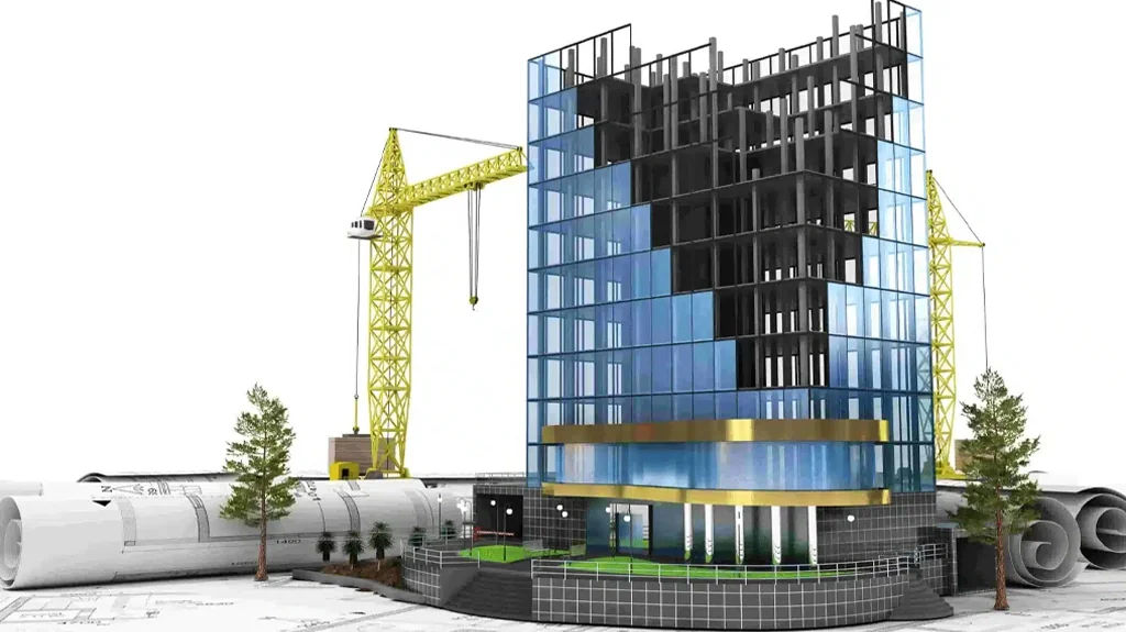 Render 3D de un edificio en construcción con grúa y planos en el suelo.