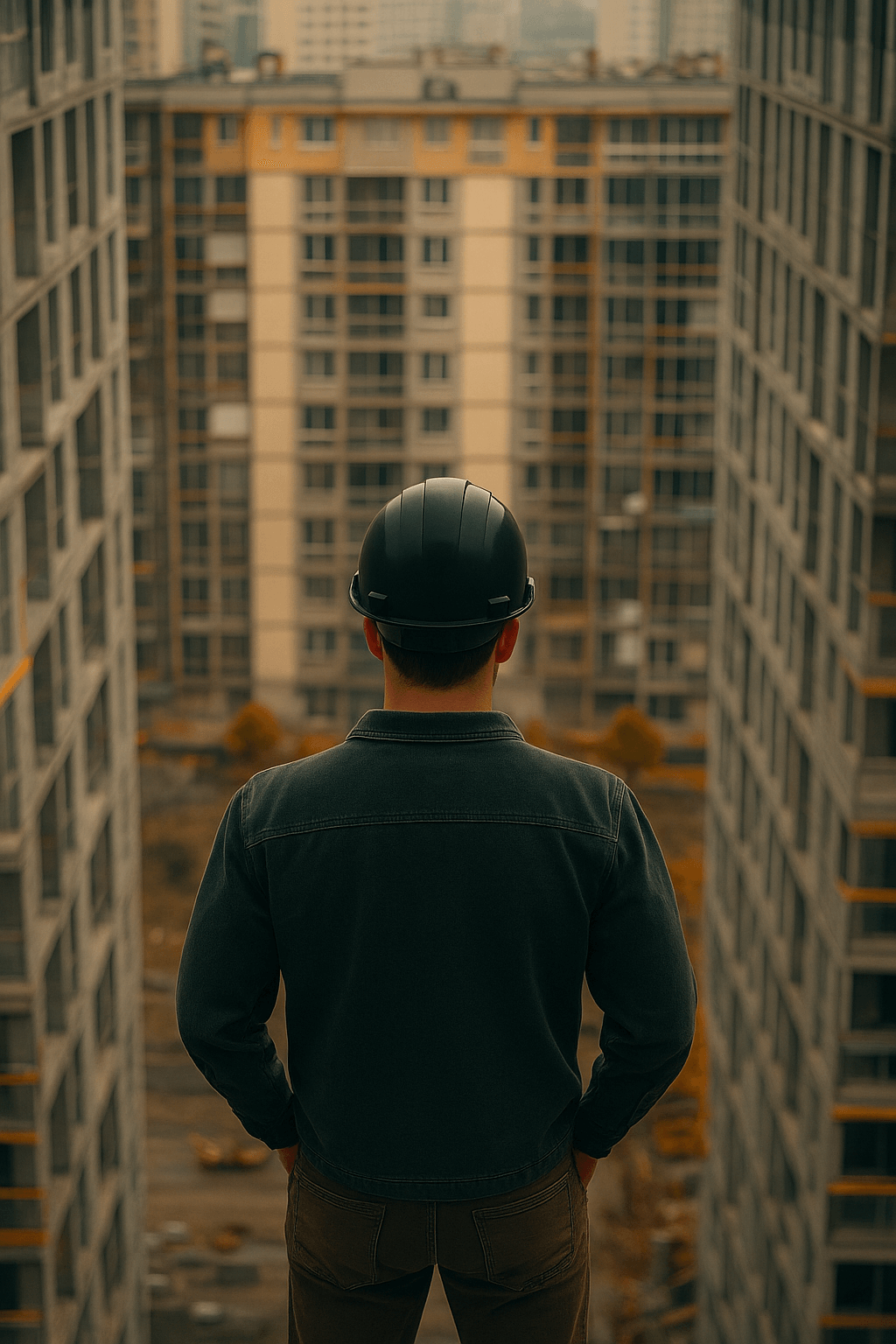 Ingeniero observando edificio en construcción con estructura de hormigón.