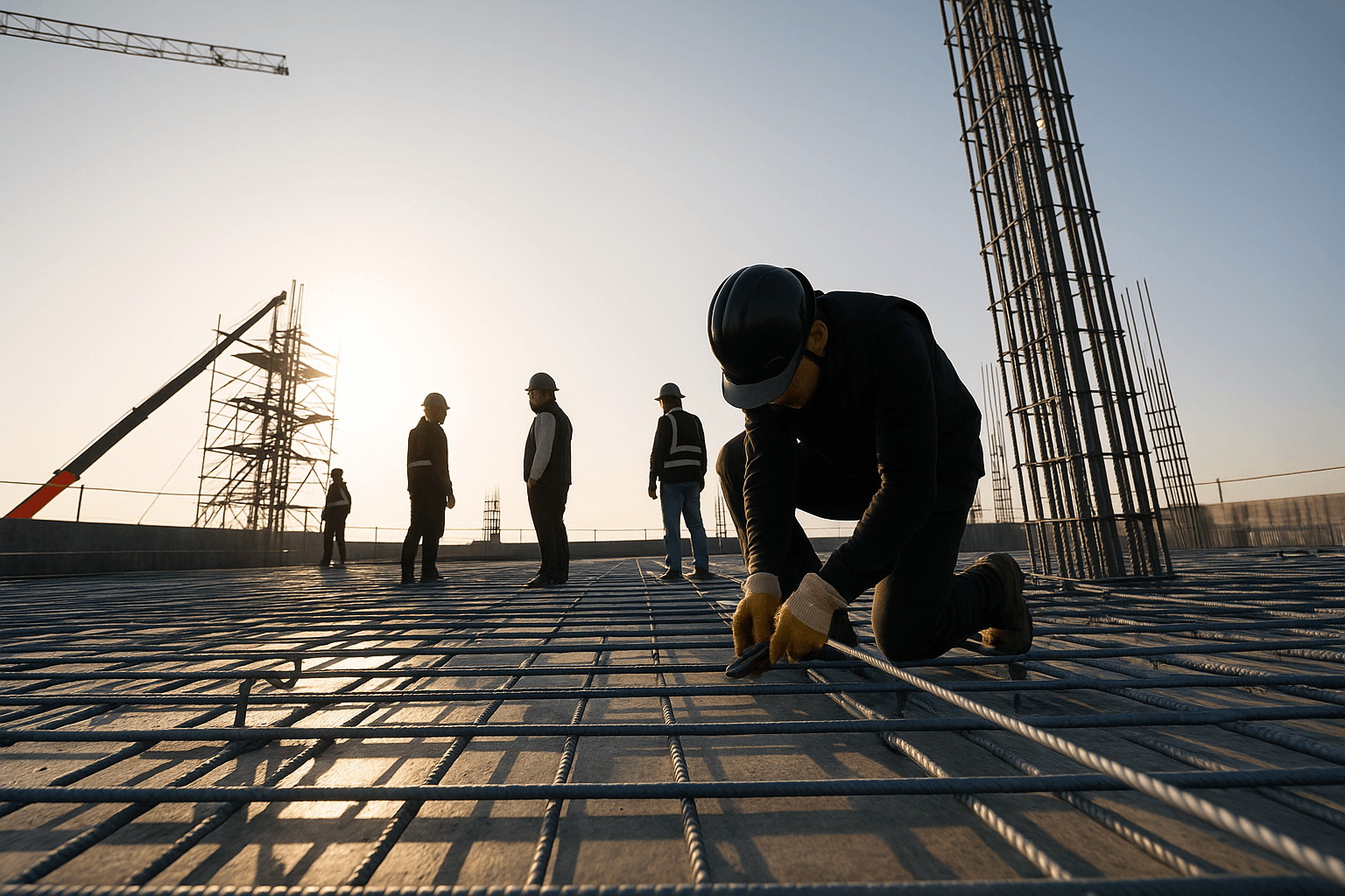 Ingeniero de espaldas con casco blanco observando maqueta de edificio.