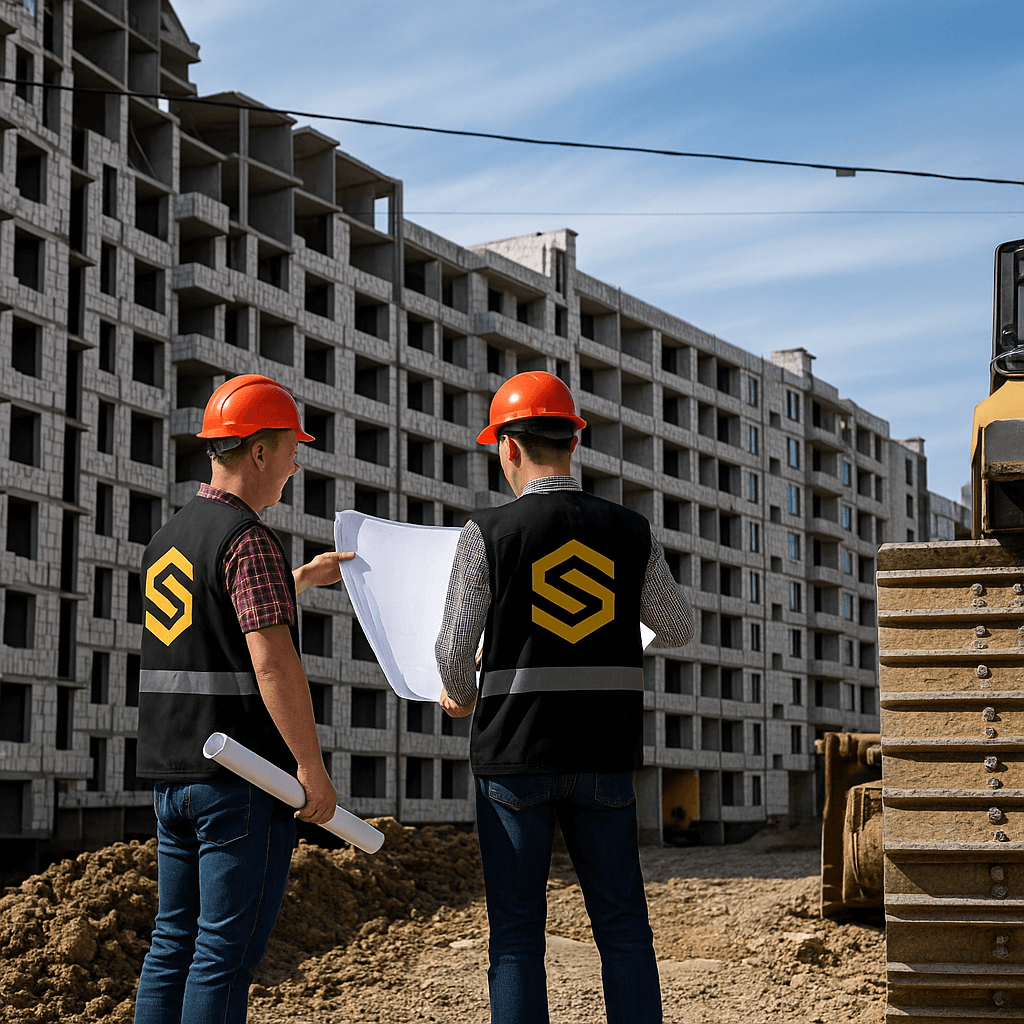 Dos ingenieros con cascos naranjas y chalecos con logotipo revisan un plano en una obra de un edificio en construcción.